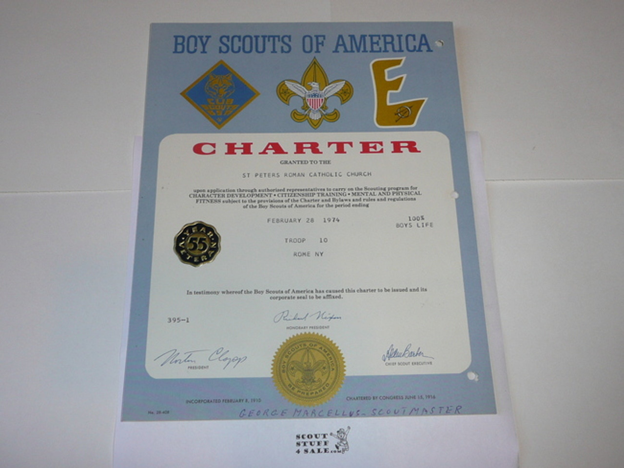 1974 Boy Scout Troop Charter, February, 55 year Veteran Troop