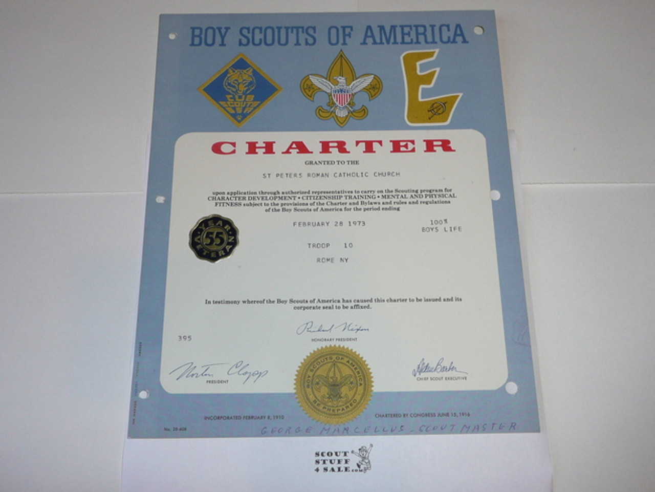 1973 Boy Scout Troop Charter, February, 55 year Veteran Troop