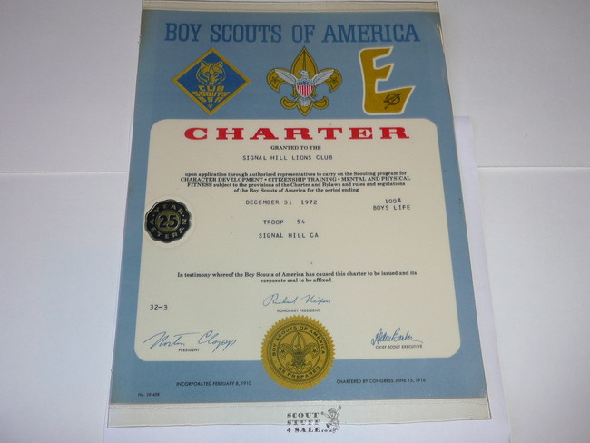 1972 Boy Scout Troop Charter, December, 25 year Veteran Troop