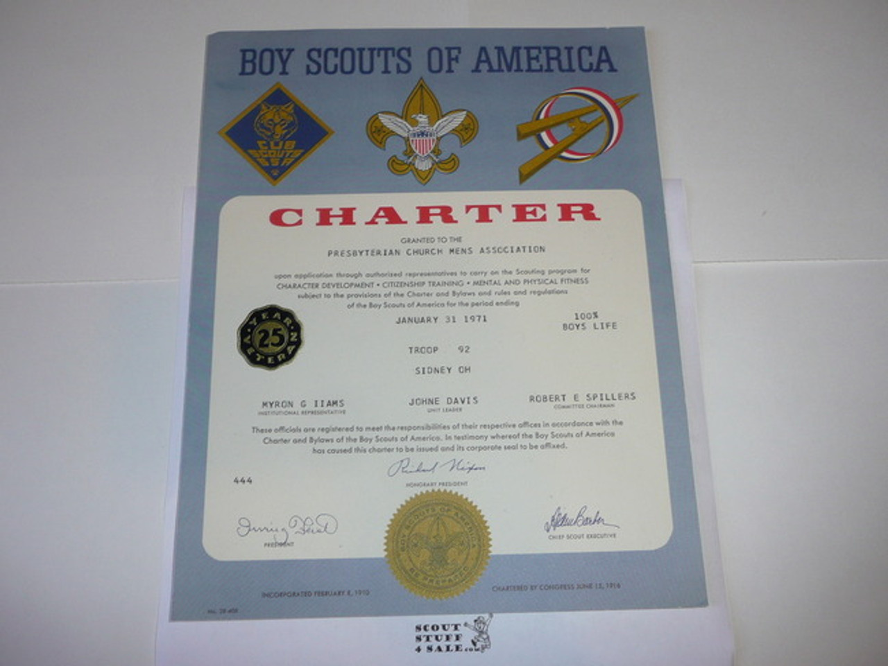 1971 Boy Scout Troop Charter, January, 25 year Veteran Troop