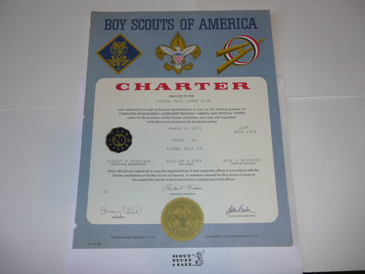 1970 Boy Scout Troop Charter, March, 20 year Veteran Troop