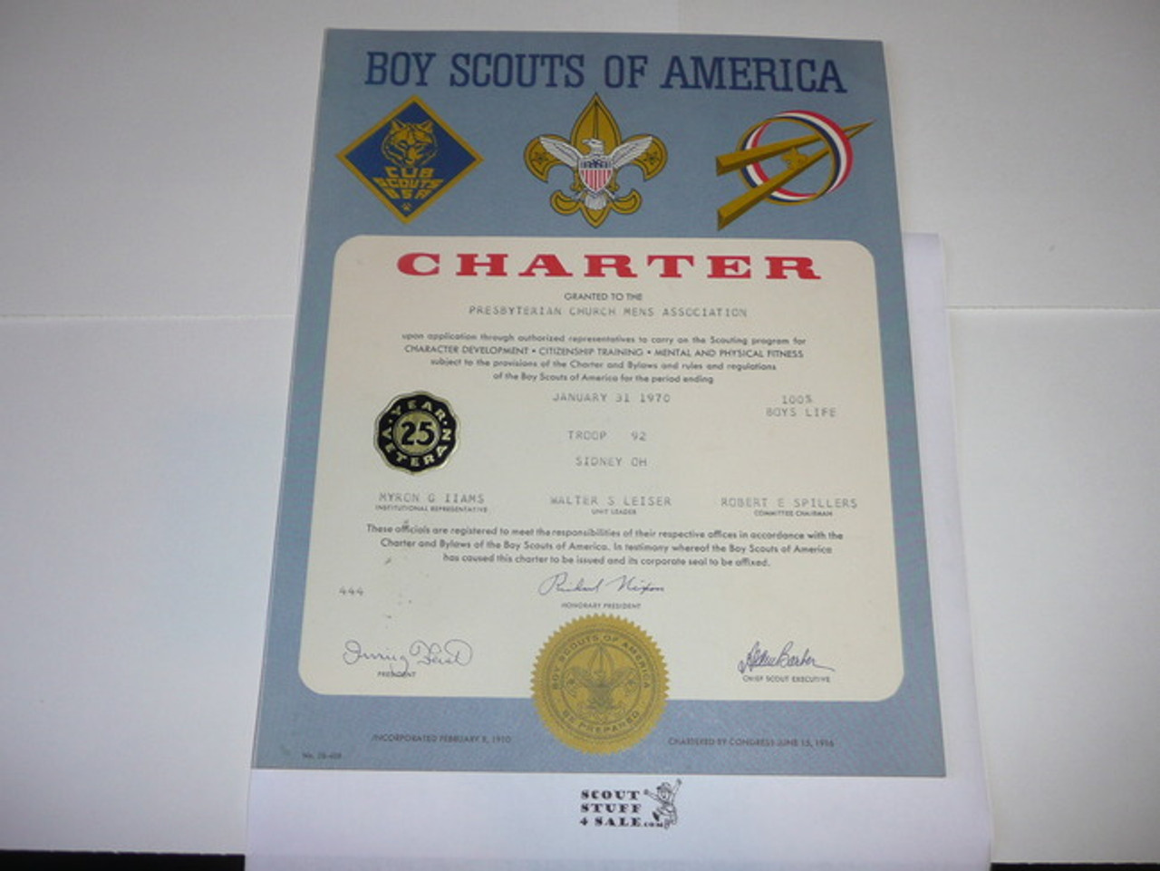 1970 Boy Scout Troop Charter, January, 25 year Veteran Troop