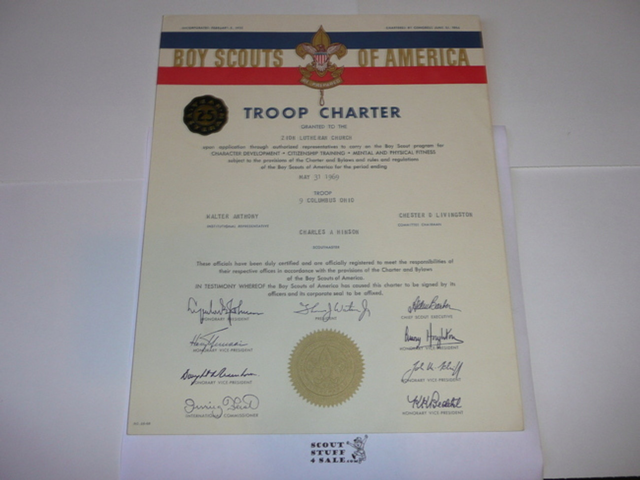 1969 Boy Scout Troop Charter, May, 25 year Veteran Troop