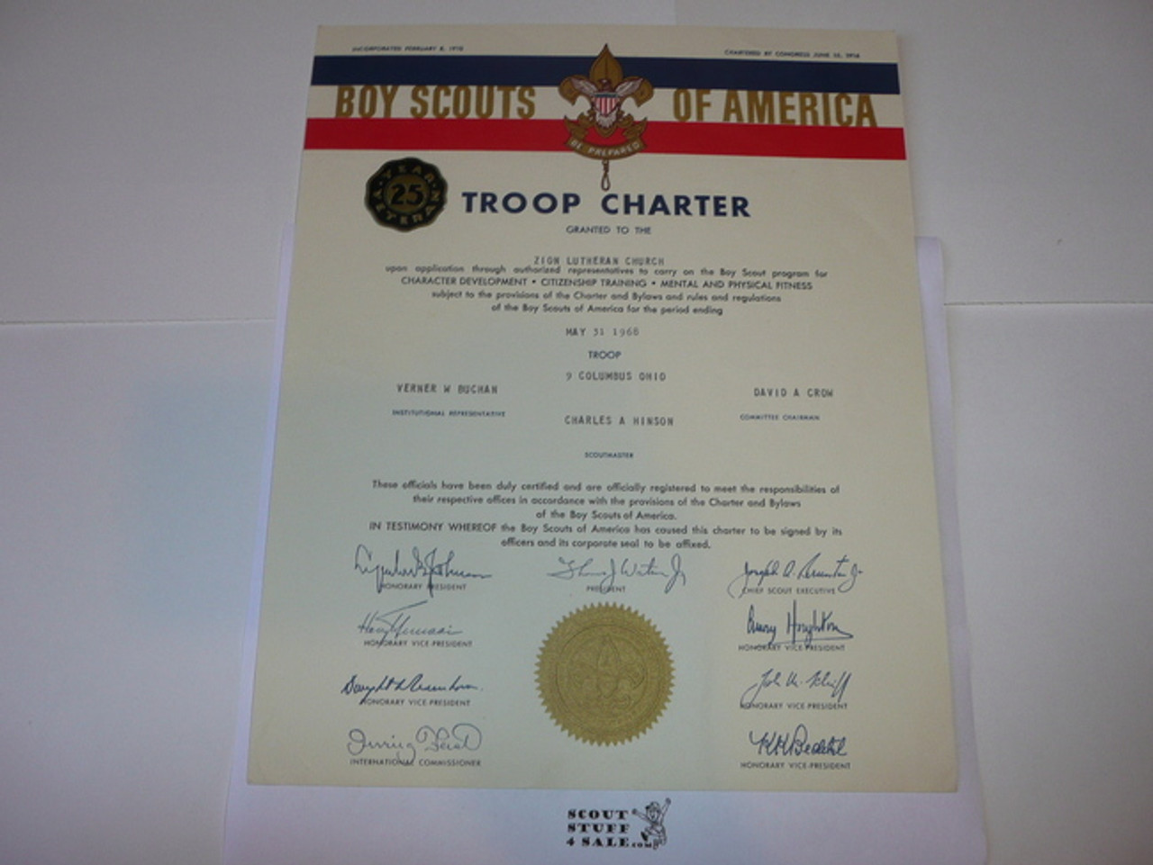 1968 Boy Scout Troop Charter, May, 25 year Veteran Troop