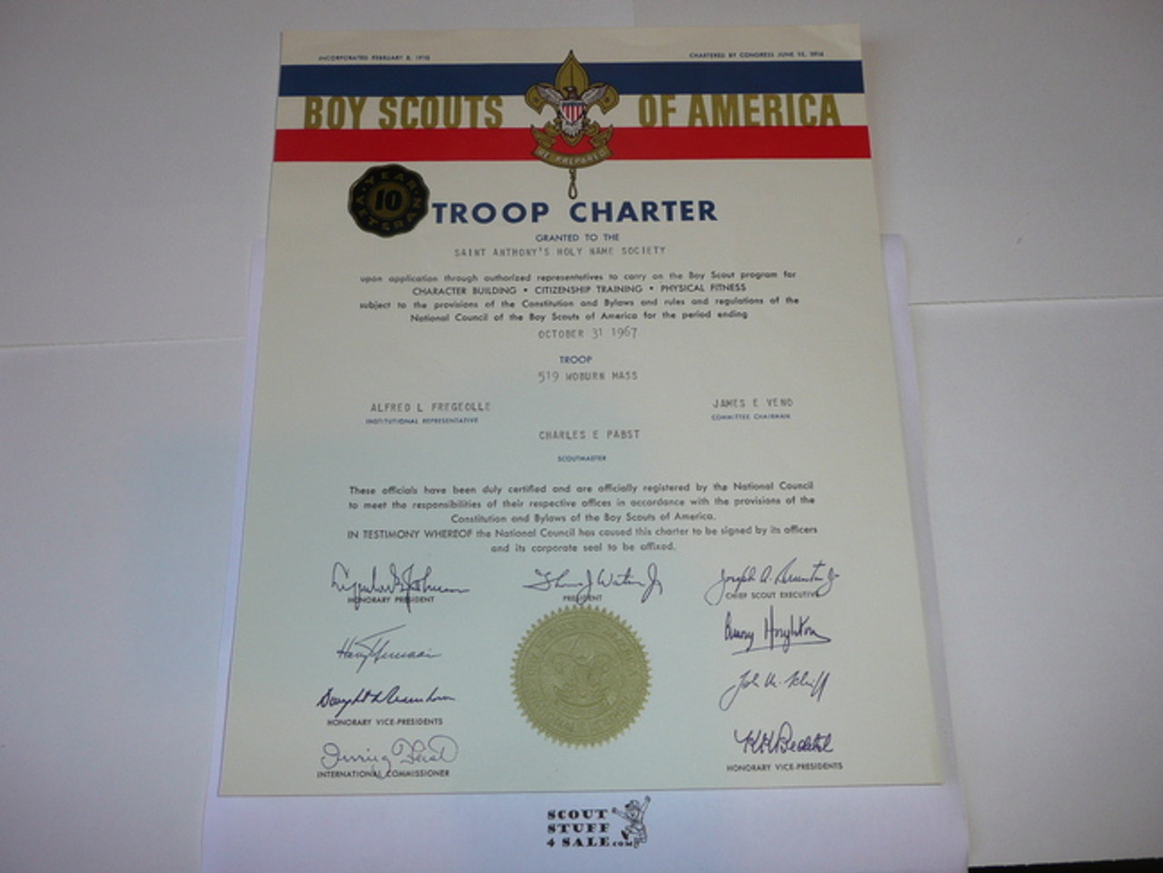 1967 Boy Scout Troop Charter, October, 10 year Veteran Troop