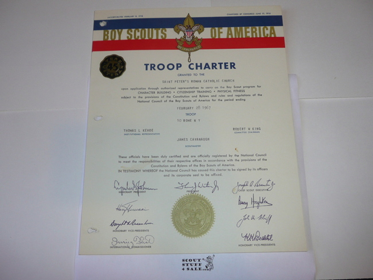 1967 Boy Scout Troop Charter, February, 45 year Veteran Troop