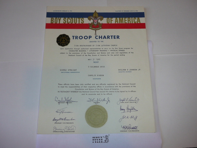 1966 Boy Scout Troop Charter, May, 25 year Veteran Troop