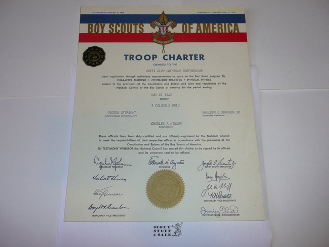 1965 Boy Scout Troop Charter, May, 25 year Veteran Troop