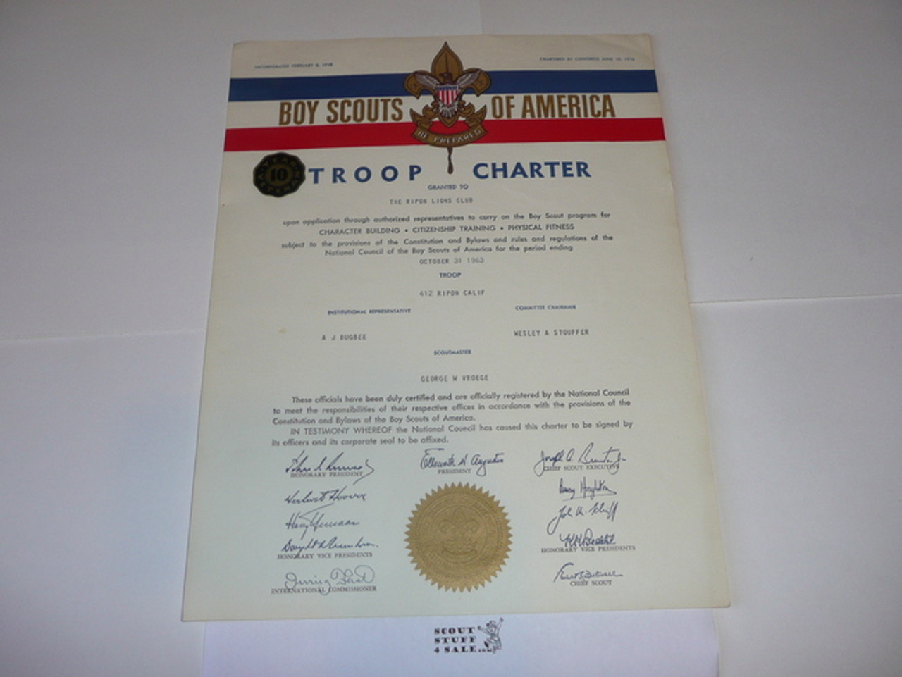 1963 Boy Scout Troop Charter, October, 10 year Veteran Troop