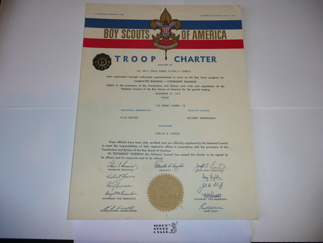 1962 Boy Scout Troop Charter, November, 15 year Veteran Troop