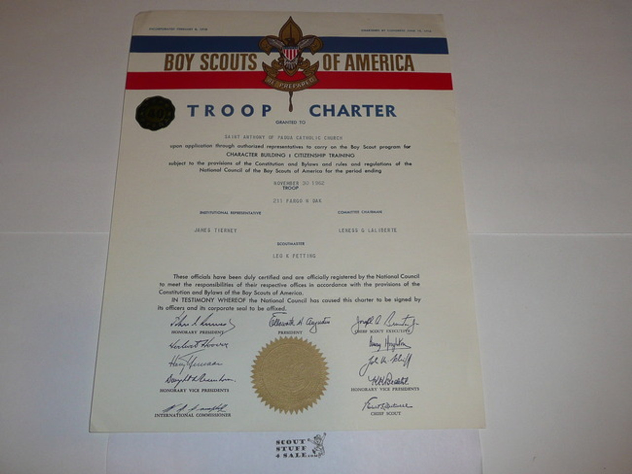 1962 Boy Scout Troop Charter, November, 40 year Veteran Troop