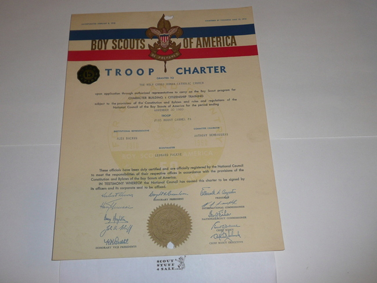 1960 Boy Scout Troop Charter, November, 15 year Veteran Troop, 50th anniversary BSA