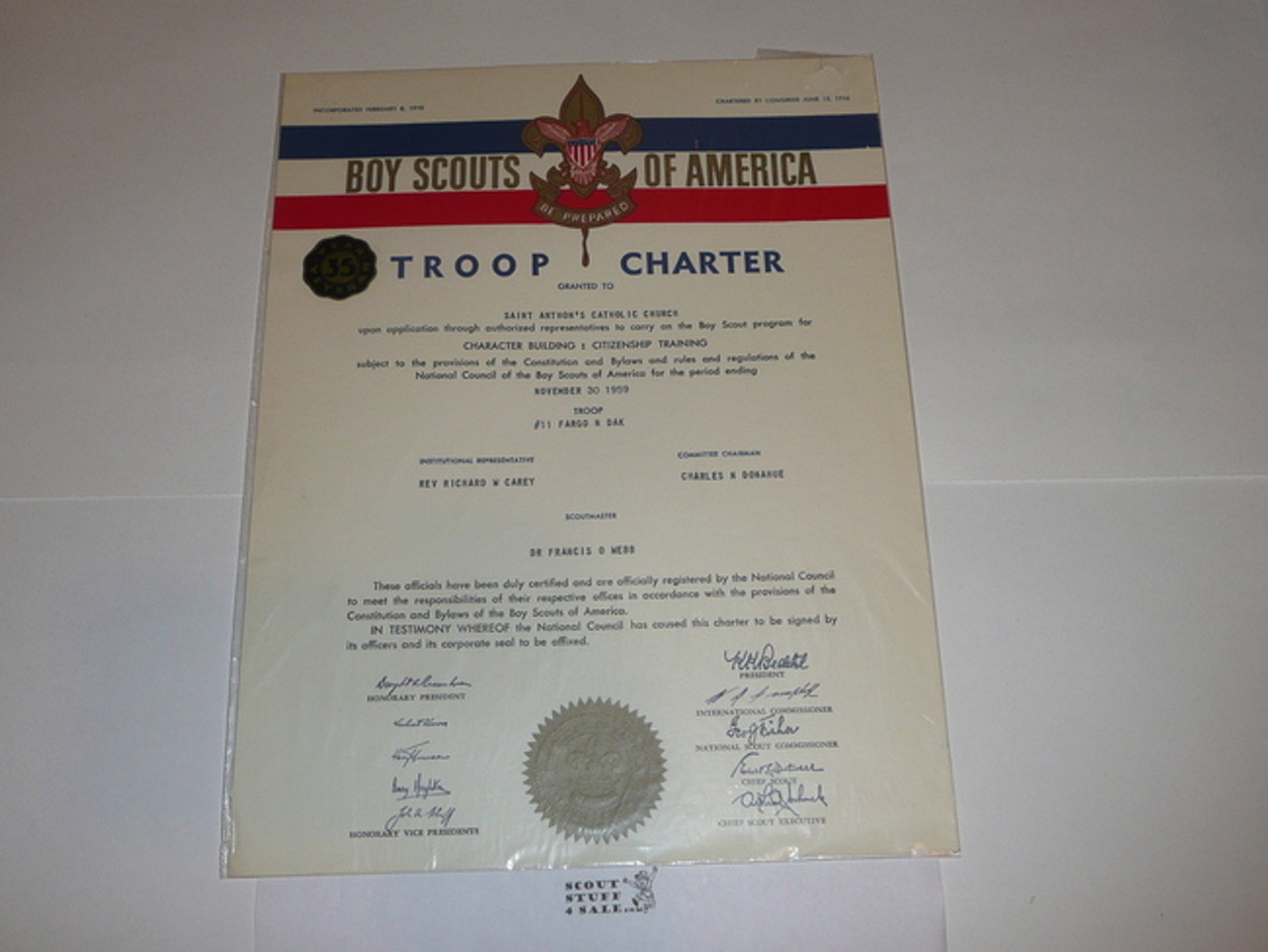 1959 Boy Scout Troop Charter, November, 35 year Veteran Troop