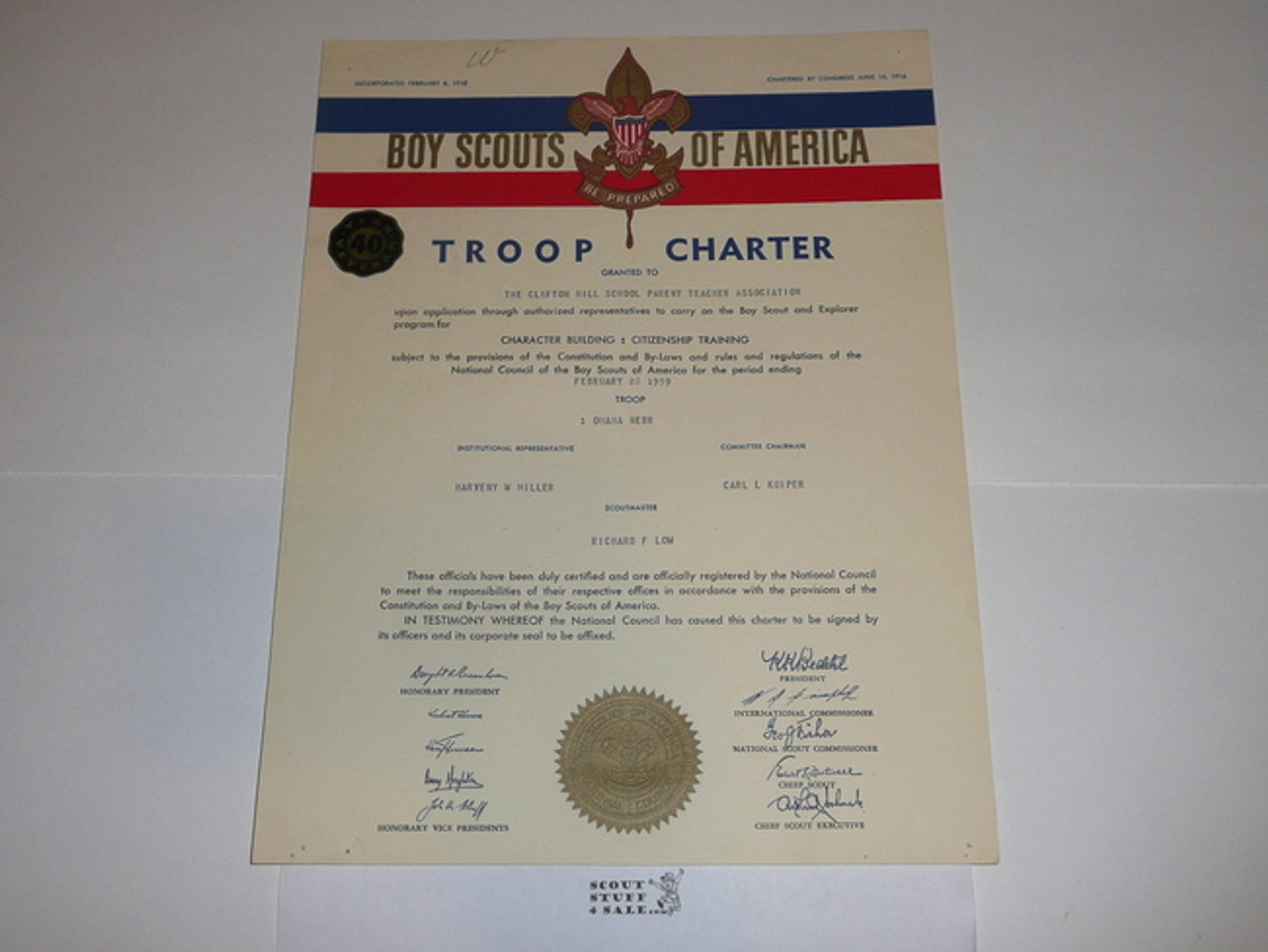 1959 Boy Scout Troop Charter, February, 40 year Veteran Troop, Neb