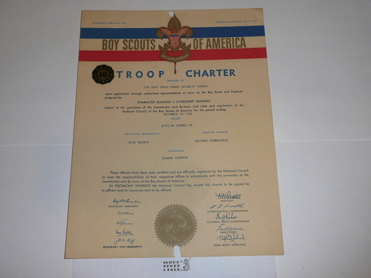1958 Boy Scout Troop Charter, November, 10 year Veteran Troop