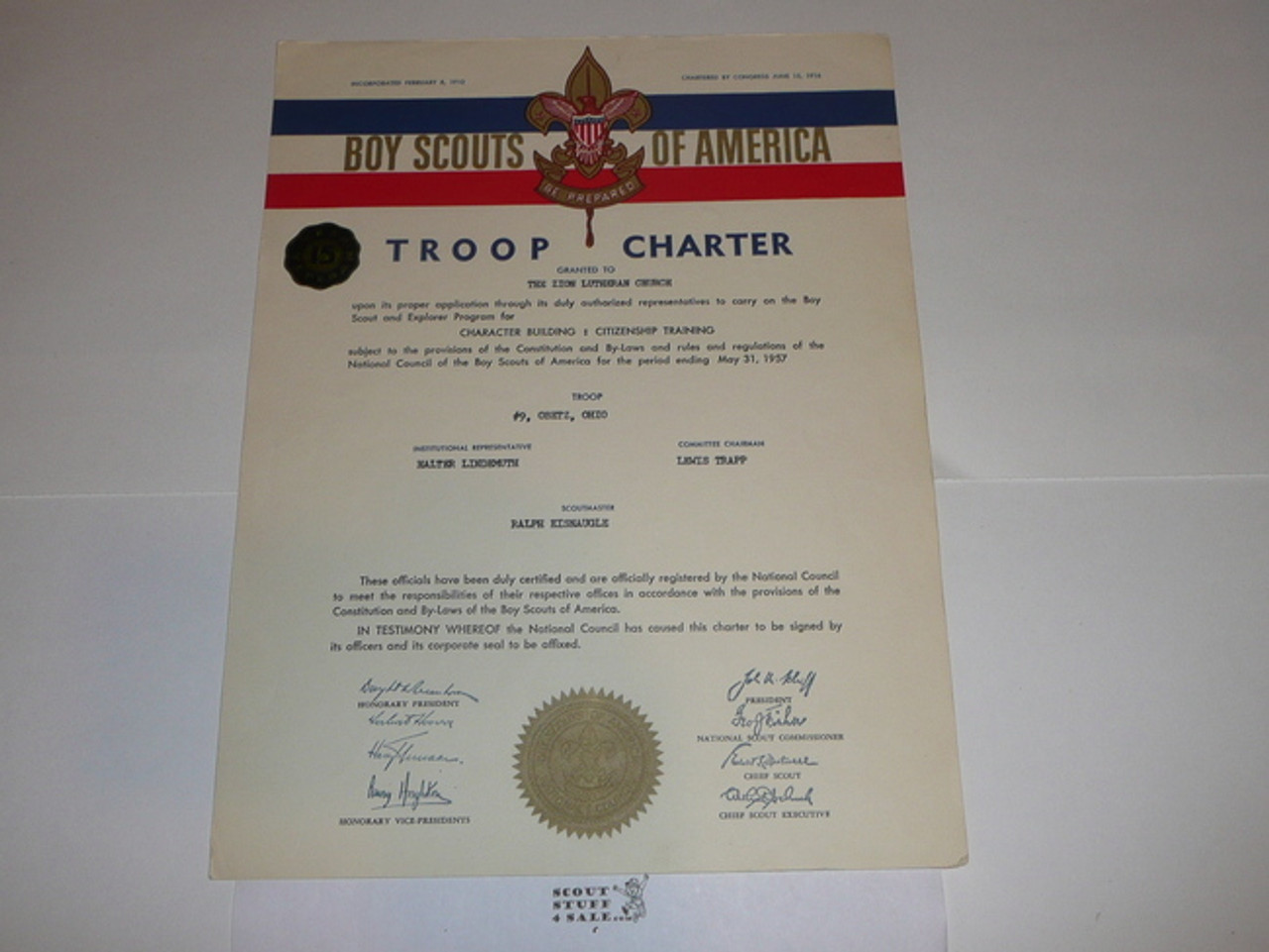 1957 Boy Scout Troop Charter, May, 15 year Veteran Troop