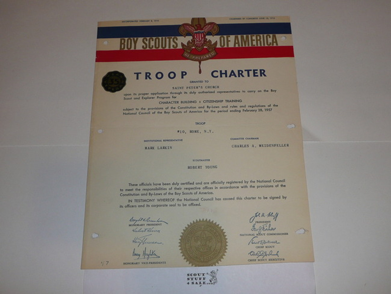 1957 Boy Scout Troop Charter, February, 35 year Veteran Troop