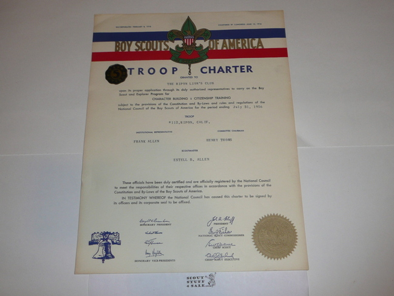 1956 Boy Scout Troop Charter, July, 5 year Veteran Troop