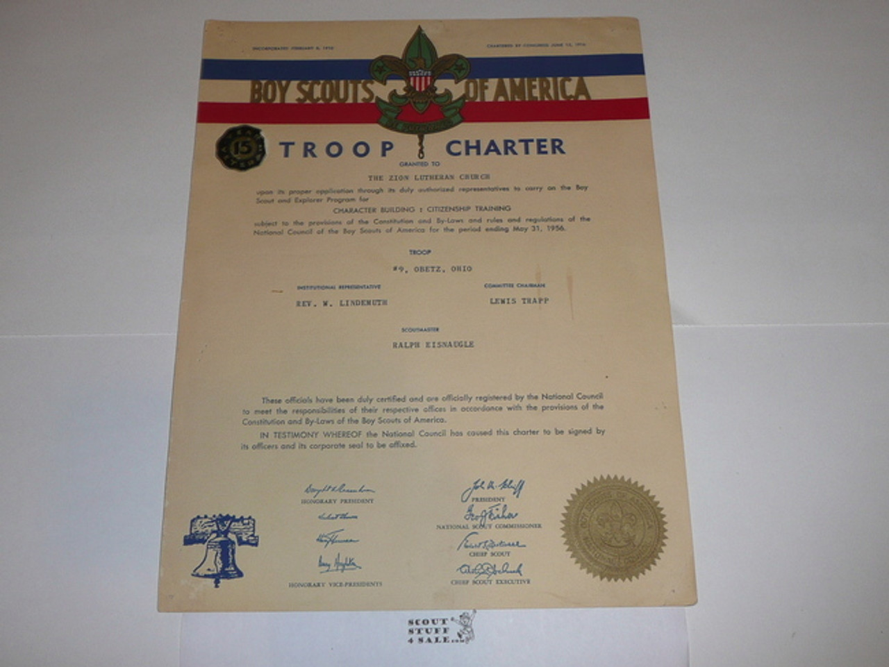1956 Boy Scout Troop Charter, May, 15 year Veteran Troop