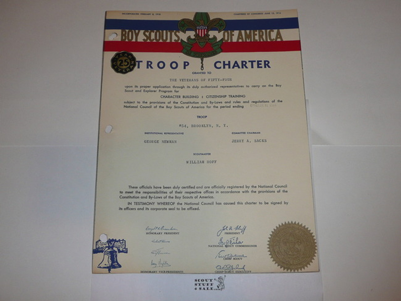 1954 Boy Scout Troop Charter, October, 25 year Veteran Troop