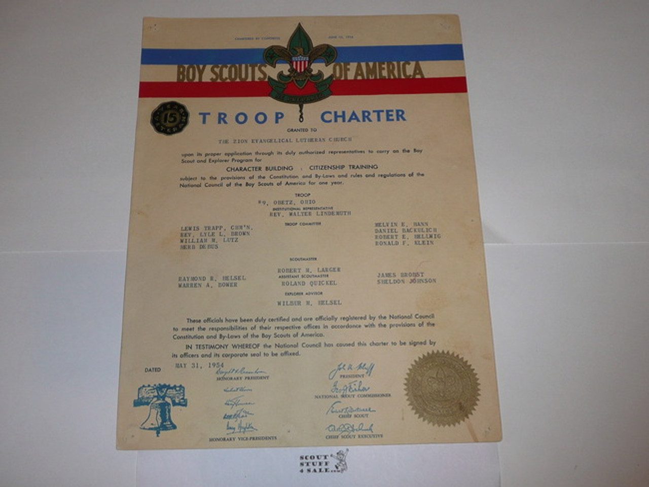 1954 Boy Scout Troop Charter, May, 15 year Veteran Troop