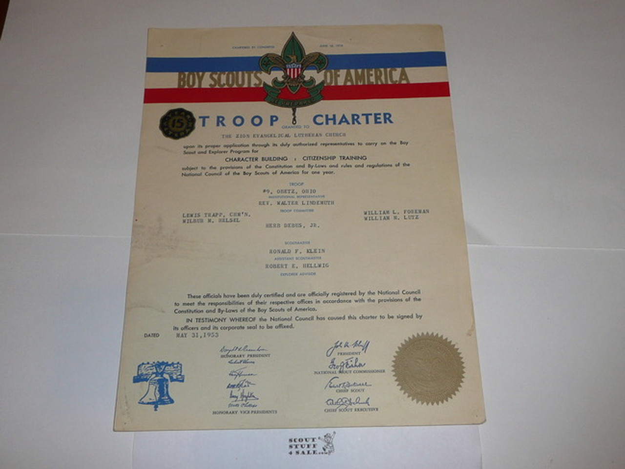 1953 Boy Scout Troop Charter, May, 15 year Veteran Troop