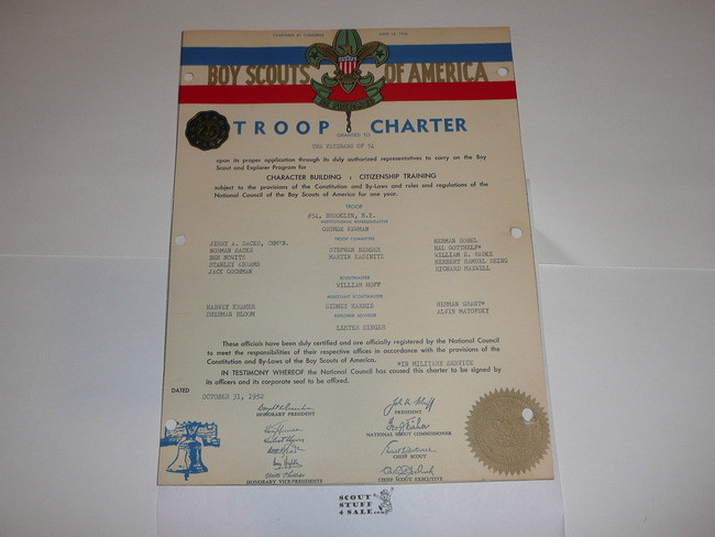 1952 Boy Scout Troop Charter, October, 25 year Veteran Troop