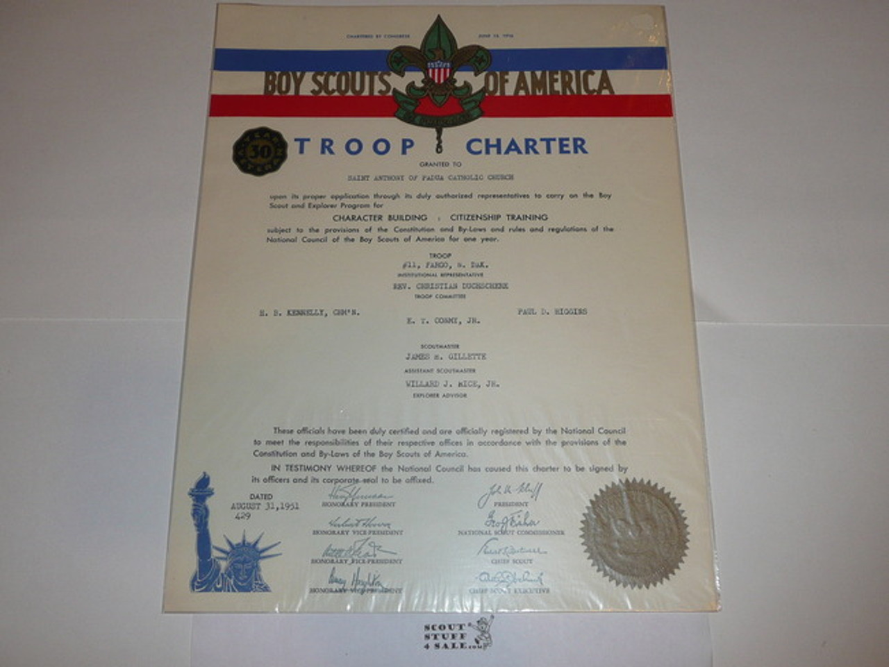 1951 Boy Scout Troop Charter, August, 30 year Veteran Troop