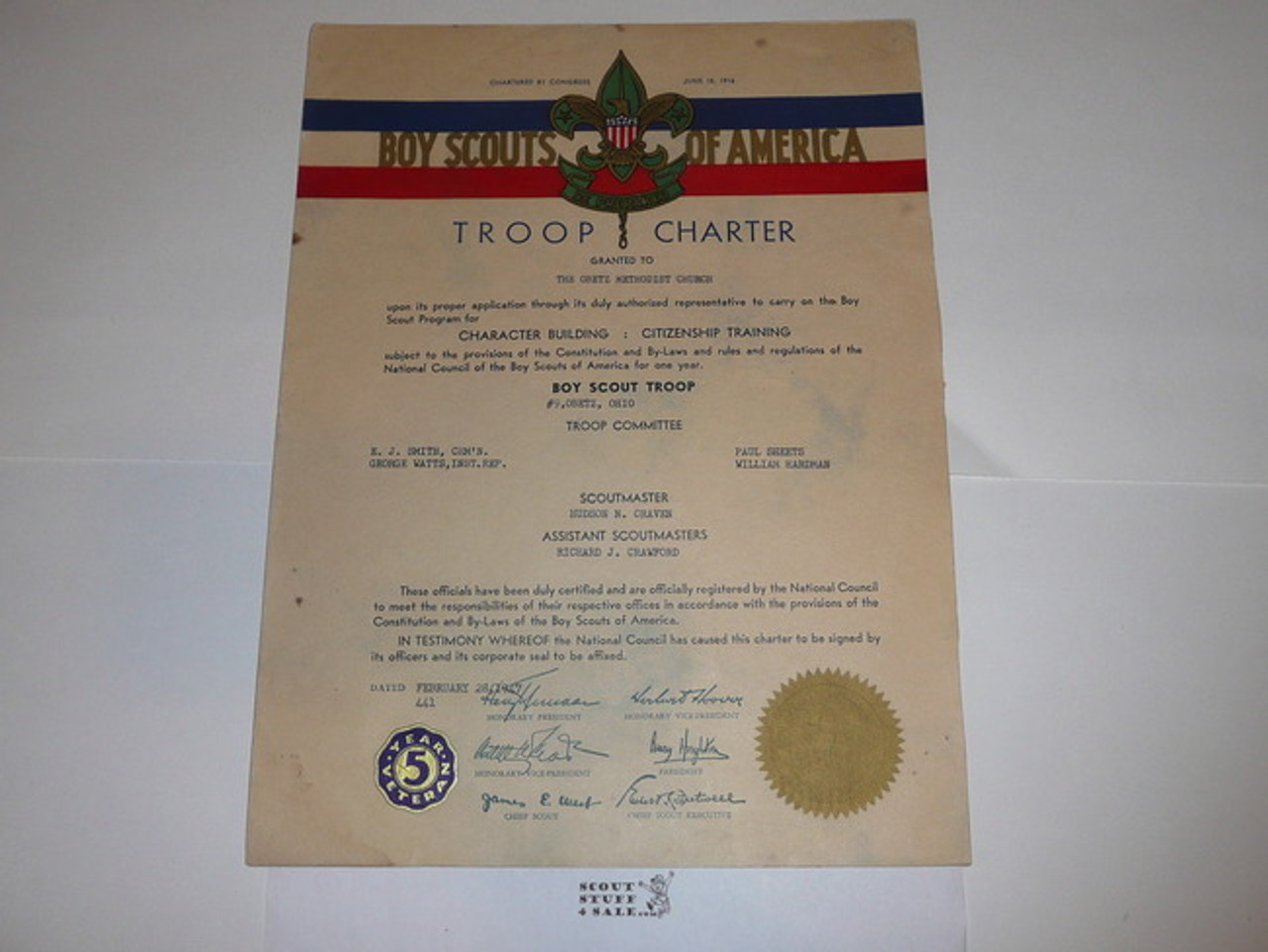 1947 Boy Scout Troop Charter, February, 5 year Veteran Troop