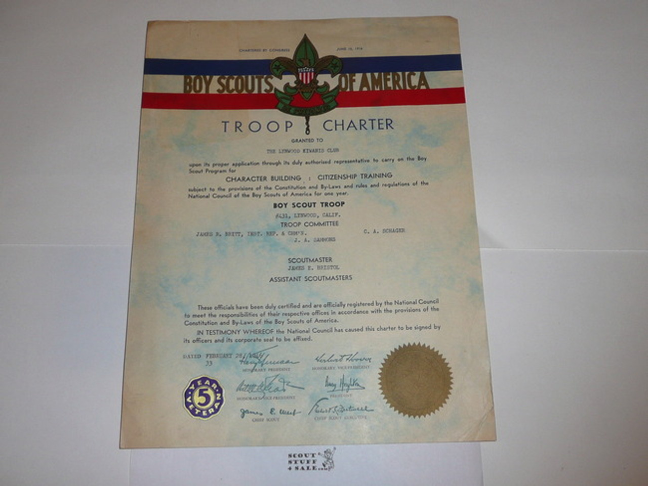 1946 Boy Scout Troop Charter, February, 5 year Veteran Troop