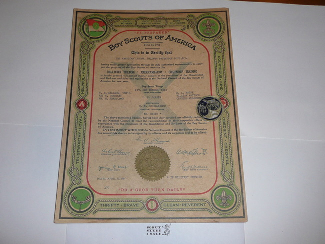 1944 Boy Scout Troop Charter, April, 10 year Veteran Troop