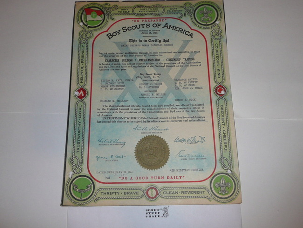 1944 Boy Scout Troop Charter, February, 25 year Veteran Troop