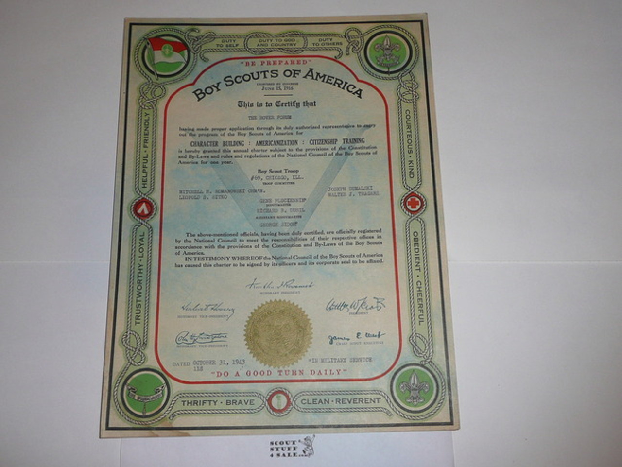 1943 Boy Scout Troop Charter, October, 5 year Veteran Troop