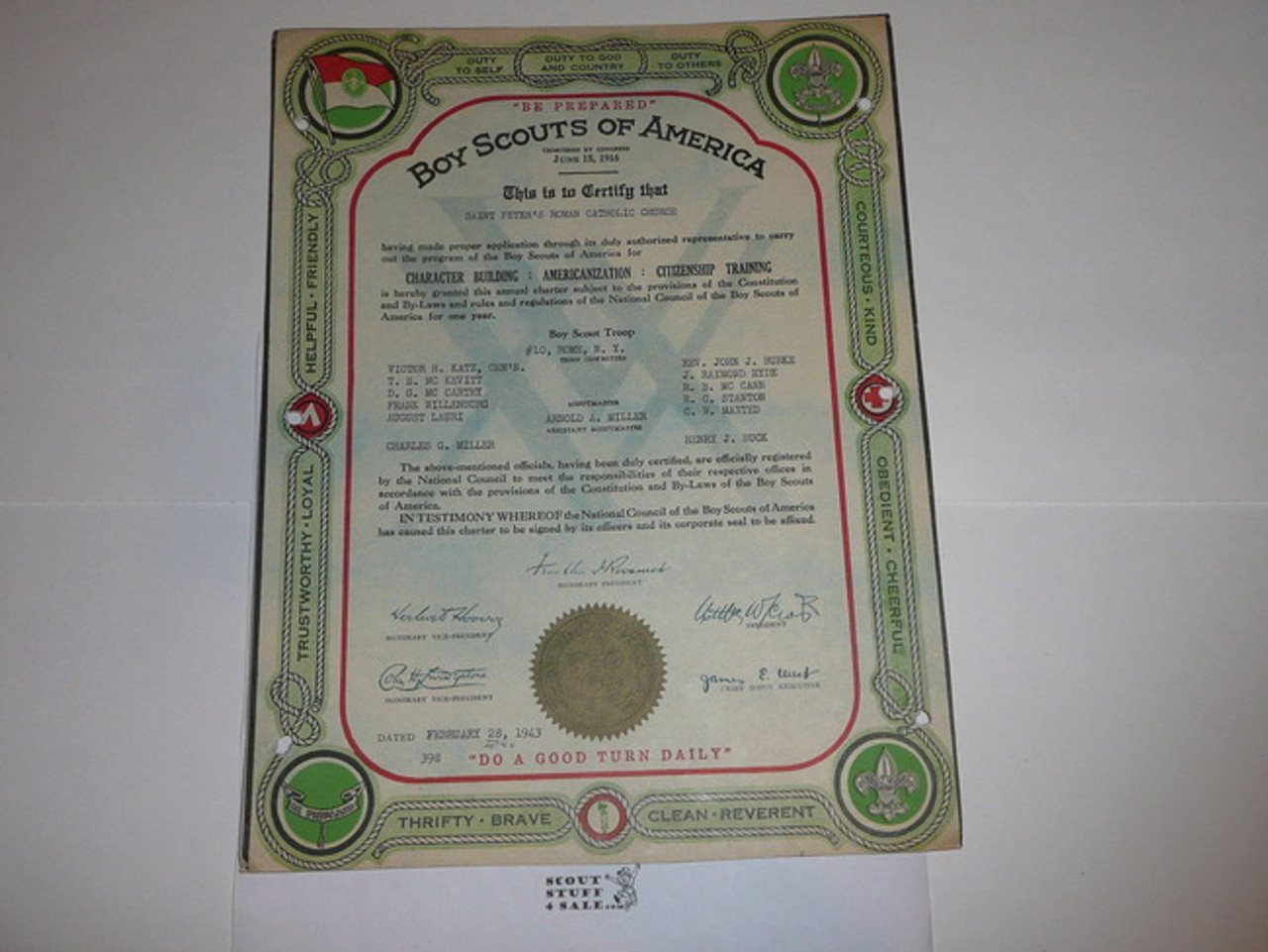 1943 Boy Scout Troop Charter, February, 25 year Veteran Troop