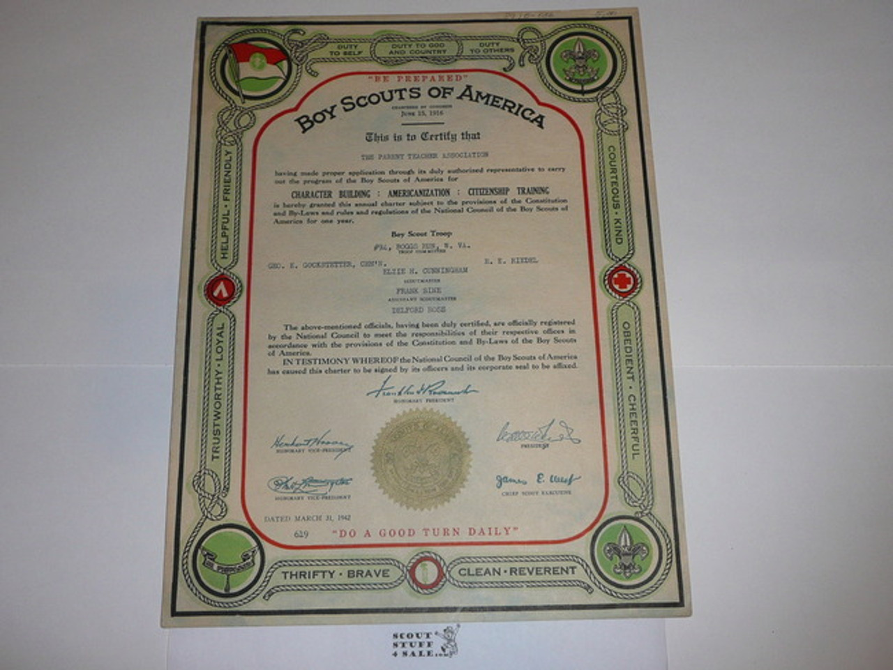 1942 Boy Scout Troop Charter, March