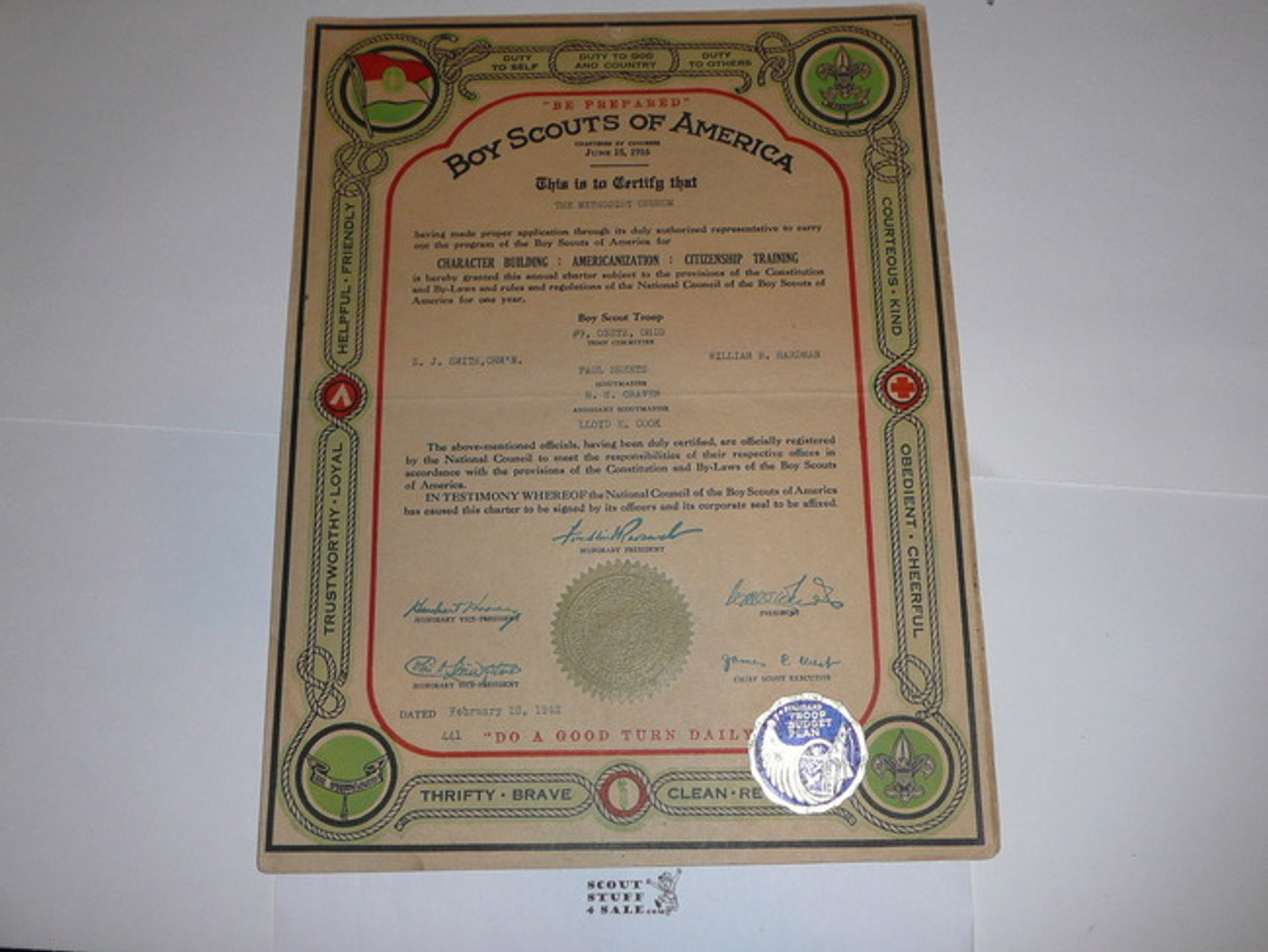 1942 Boy Scout Troop Charter, February