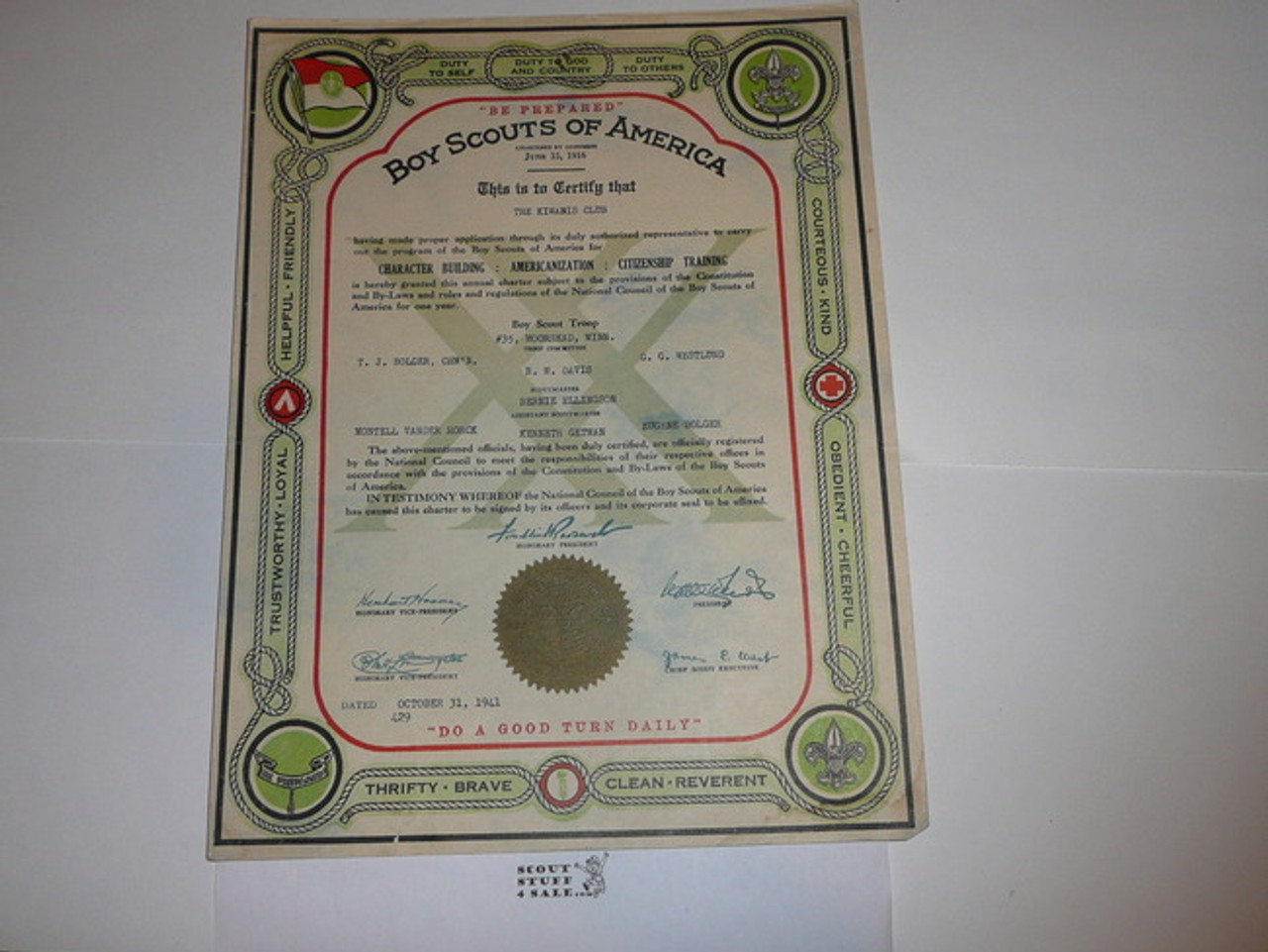 1941 Boy Scout Troop Charter, October, 20 year Veteran Troop