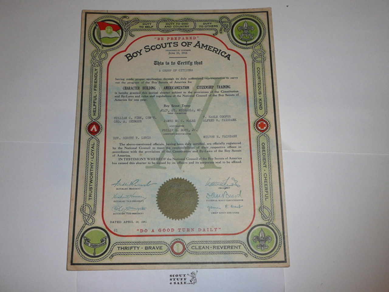 1941 Boy Scout Troop Charter, April, 15 year Veteran Troop