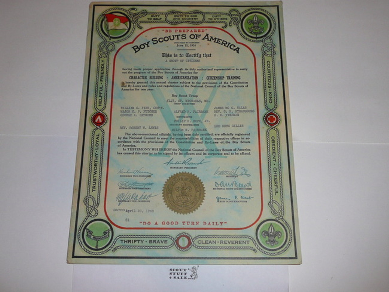 1940 Boy Scout Troop Charter, April, 15 year Veteran Troop