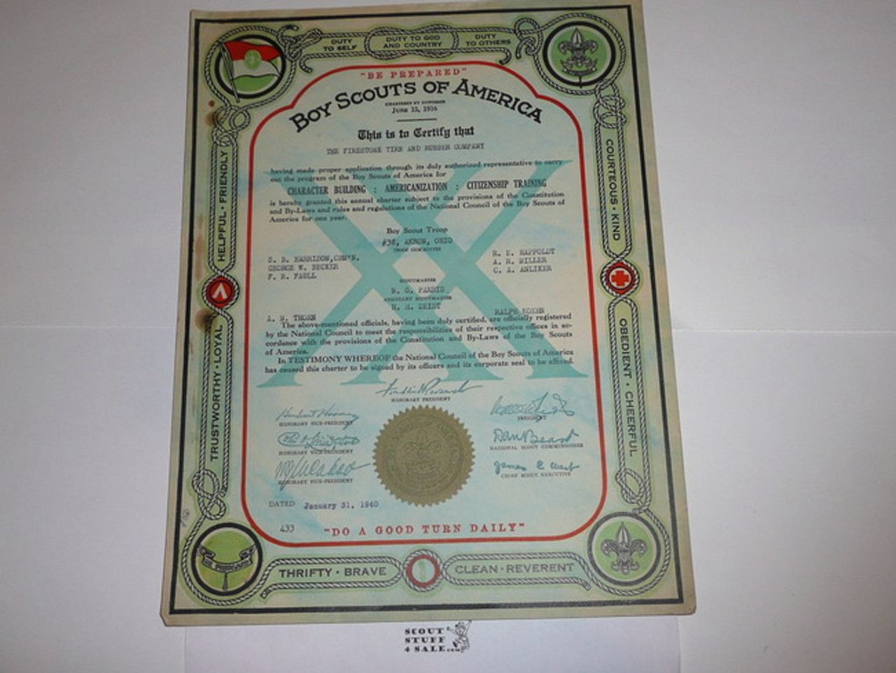 1940 Boy Scout Troop Charter, January, 20 year Veteran Troop