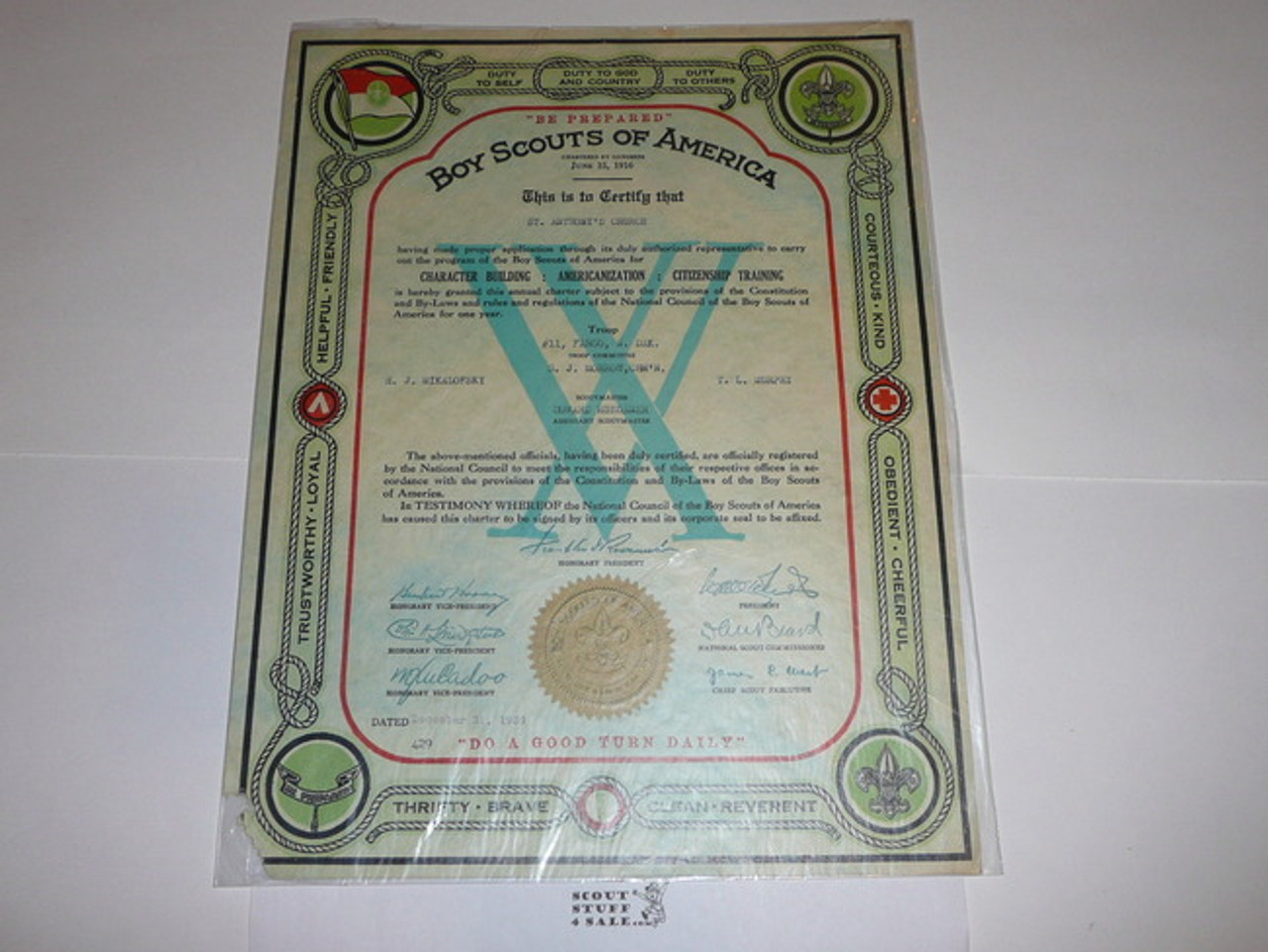 1939 Boy Scout Troop Charter, December, 15 year Veteran Troop