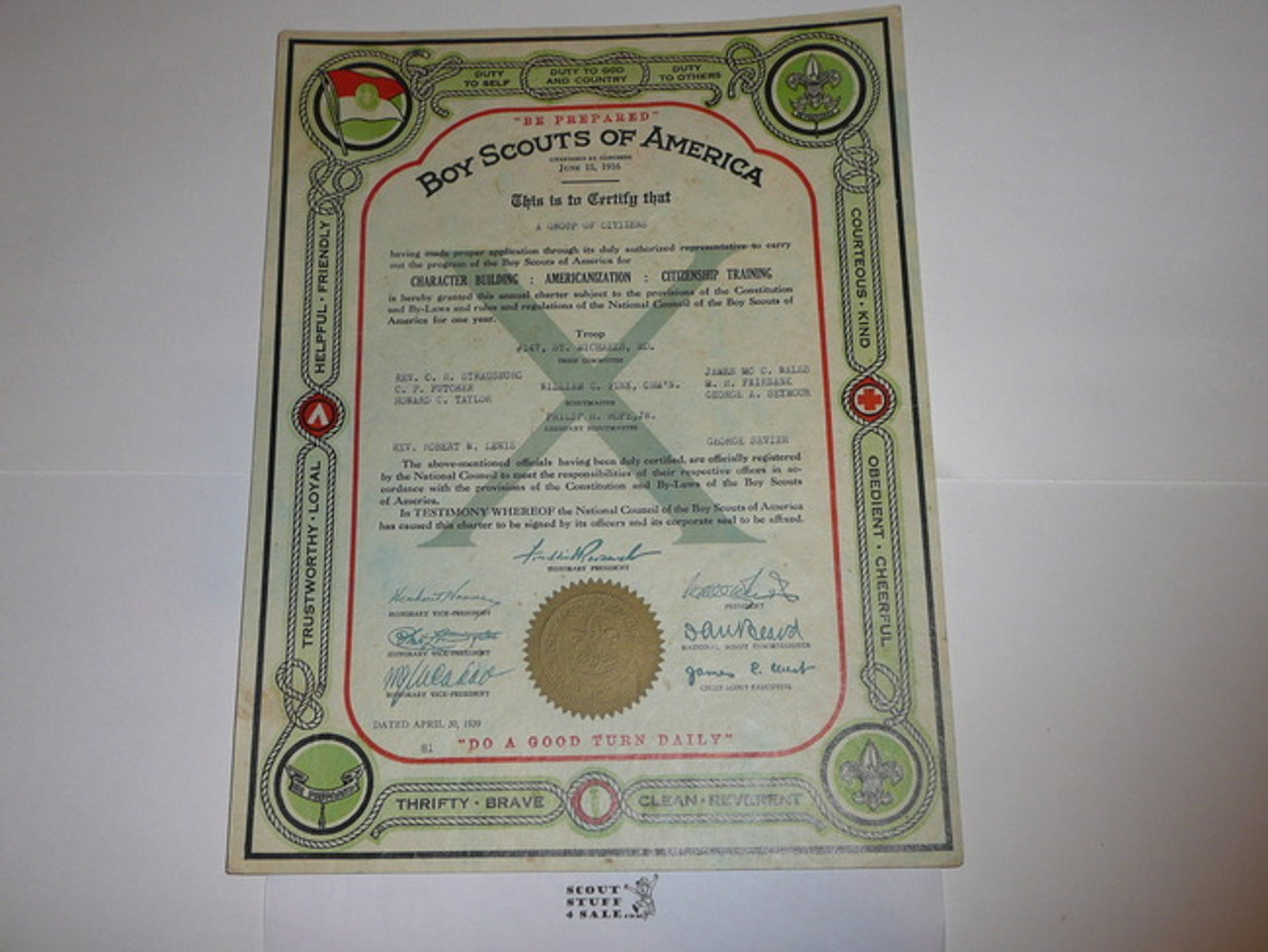 1939 Boy Scout Troop Charter, April, 10 year Veteran Troop