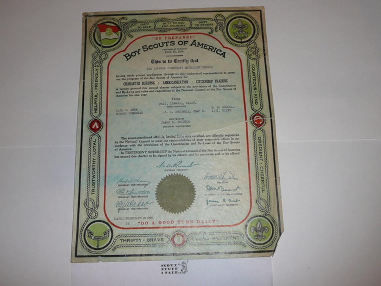 1939 Boy Scout Troop Charter, February, CA, tear through center