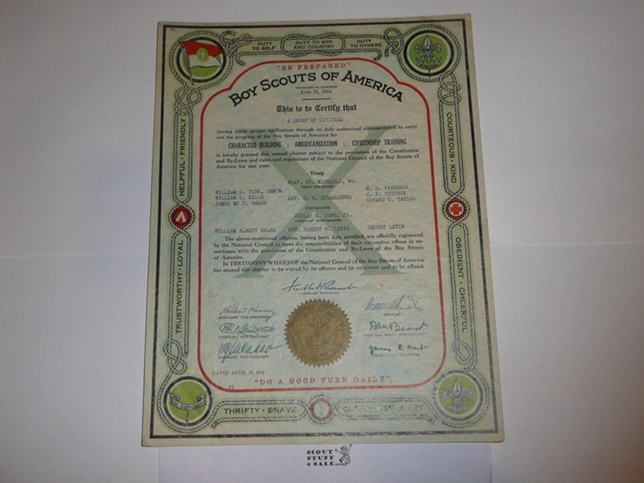1938 Boy Scout Troop Charter, April, 10 year Veteran Troop