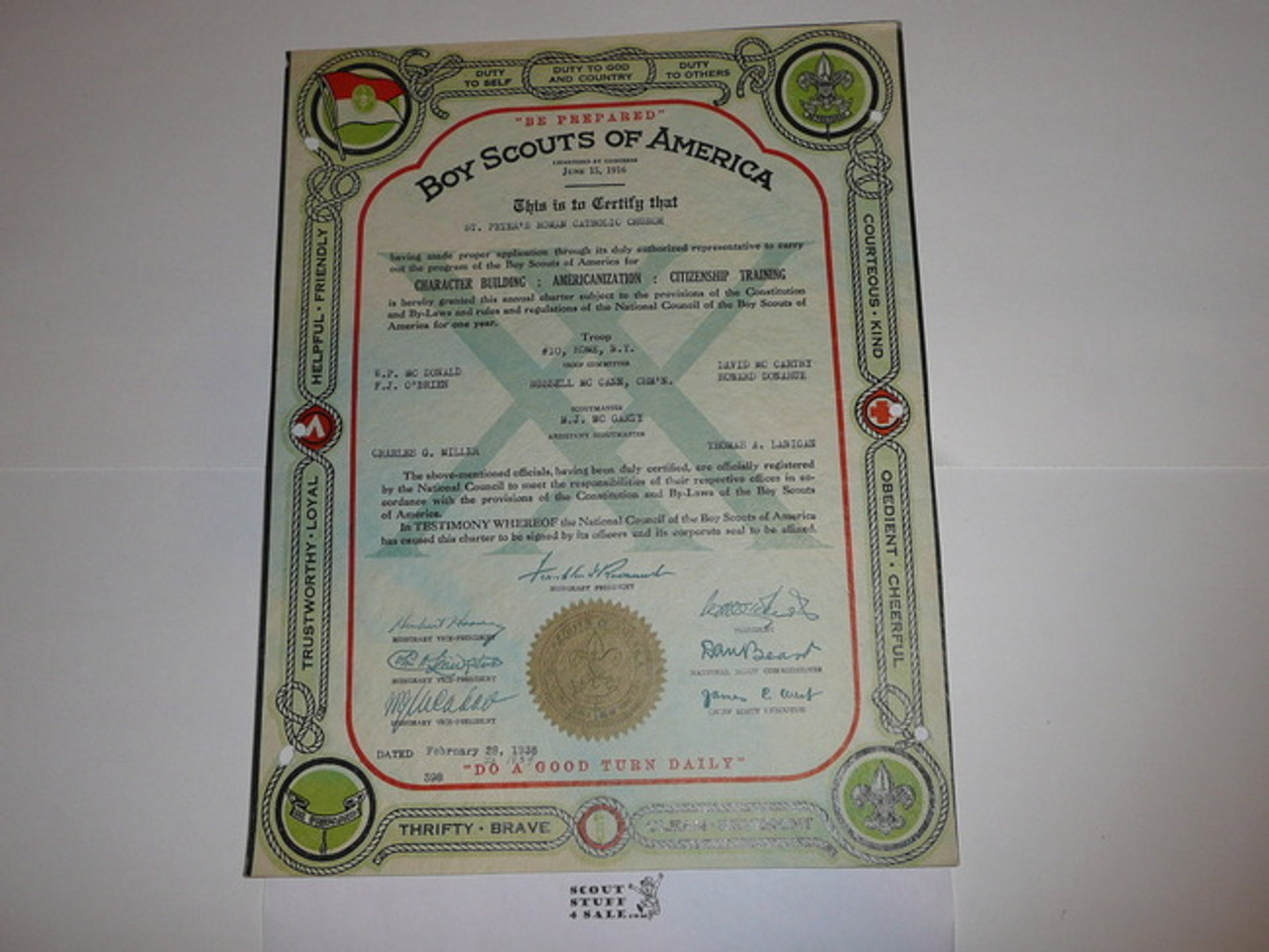 1938 Boy Scout Troop Charter, February, 20 year Veteran Troop