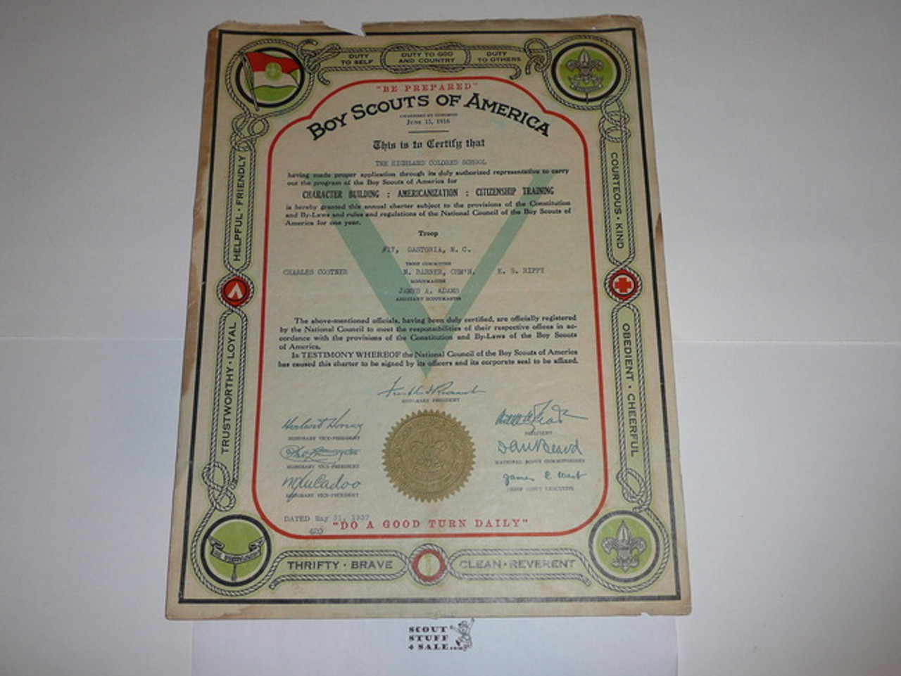 1937 Boy Scout Troop Charter, May, 5 year Veteran Troop