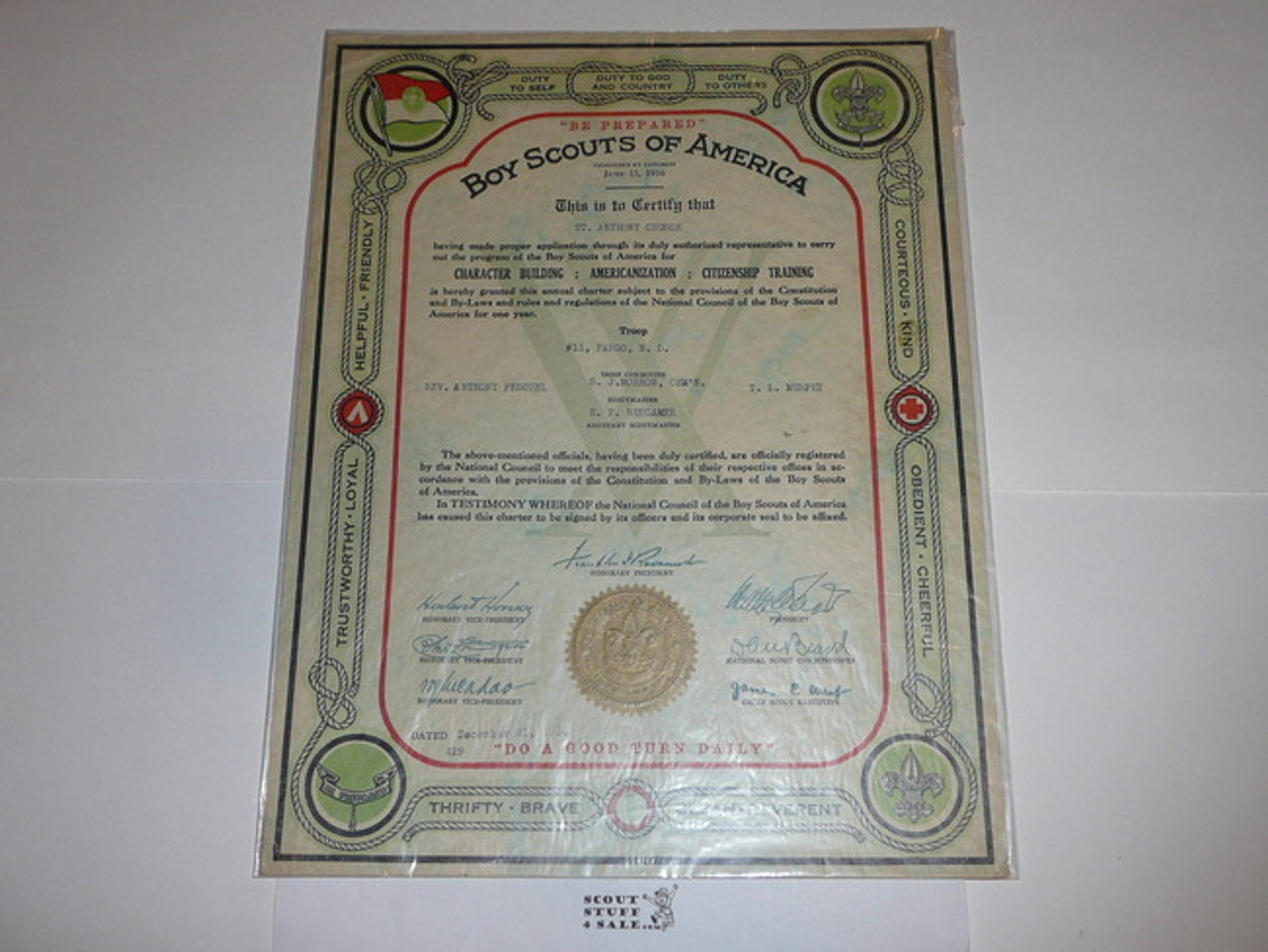 1936 Boy Scout Troop Charter, December, 15 year Veteran Troop