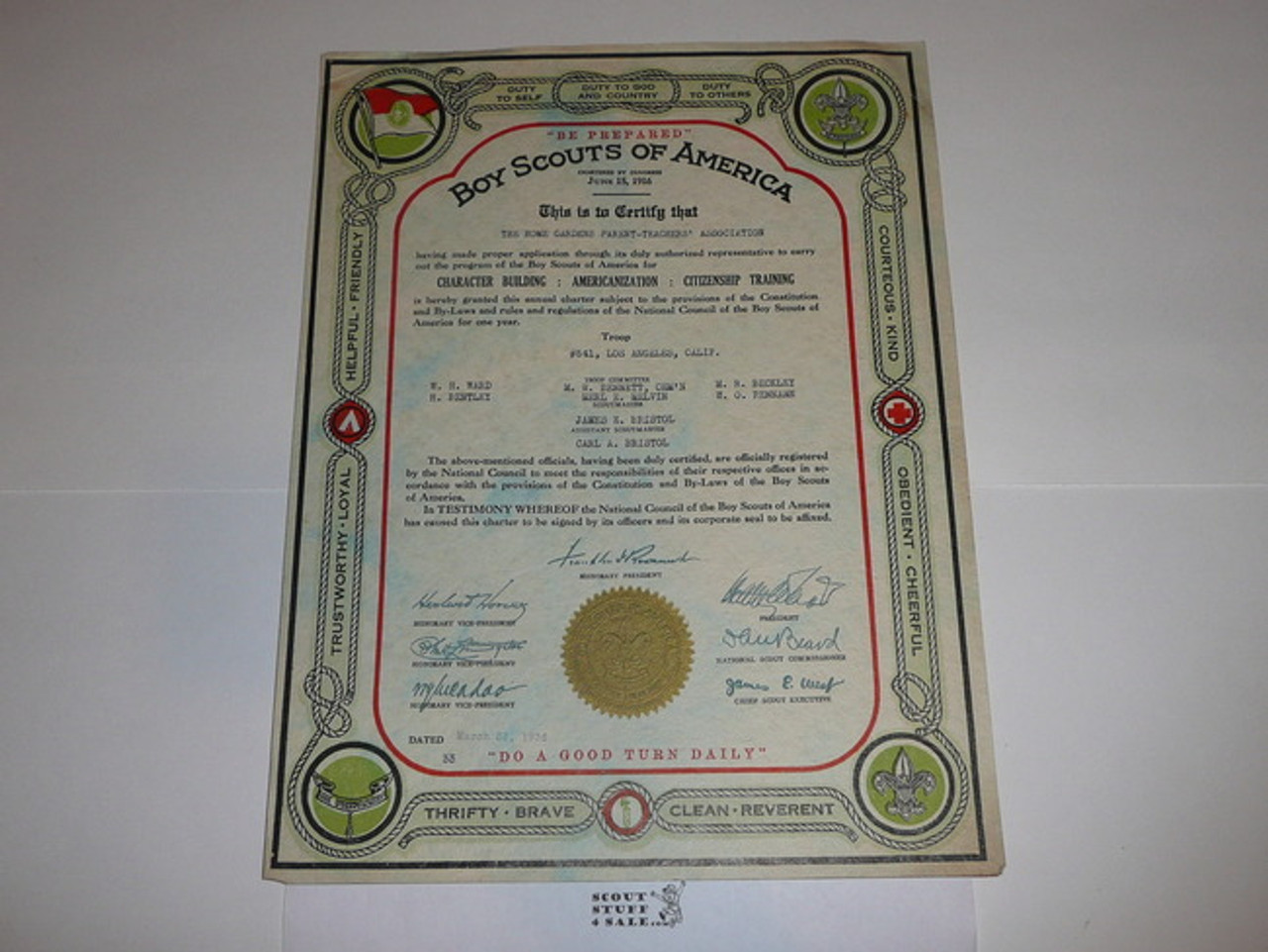 1936 Boy Scout Troop Charter, March, CA