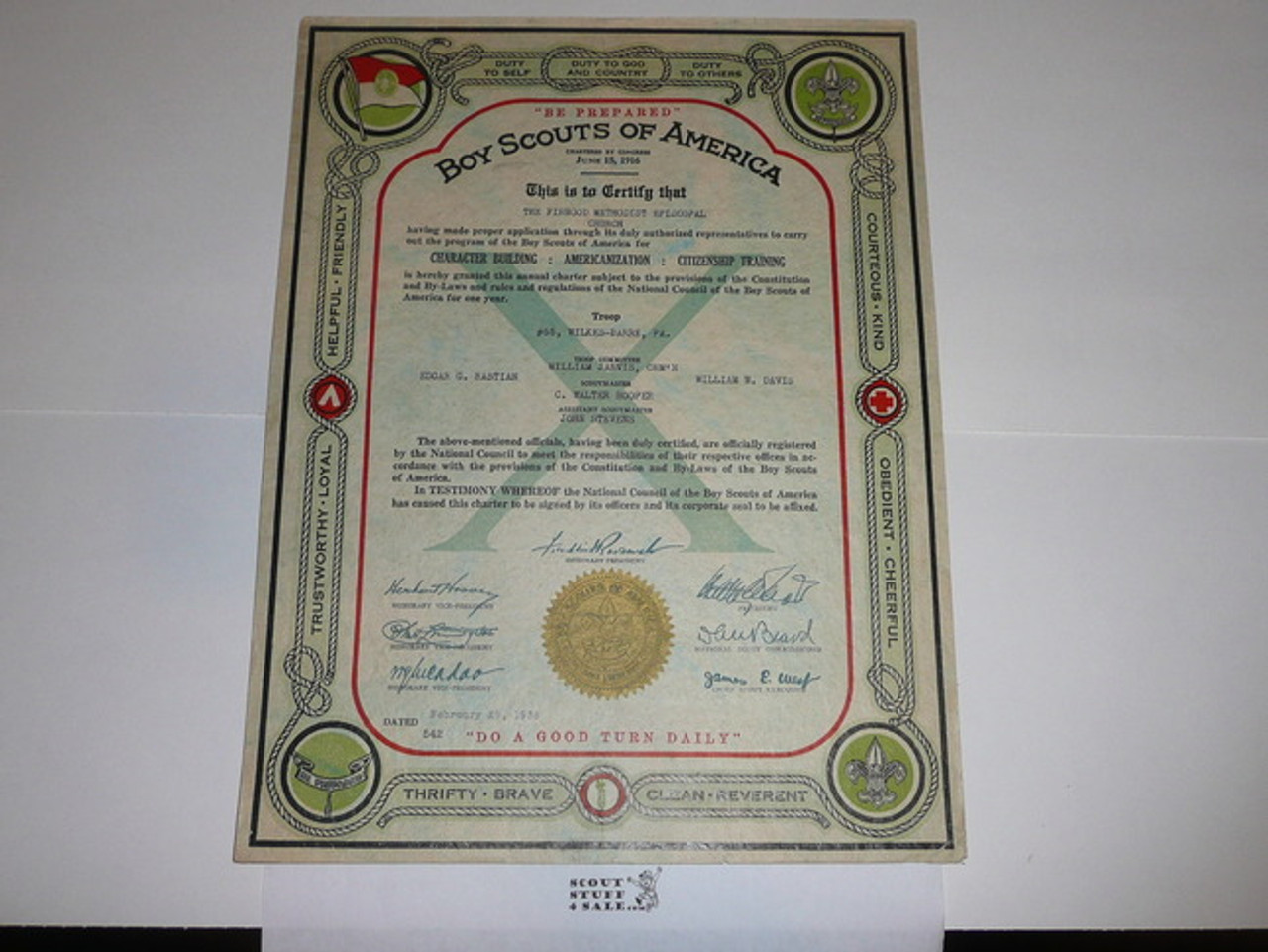 1936 Boy Scout Troop Charter, February, 10 year Veteran Troop