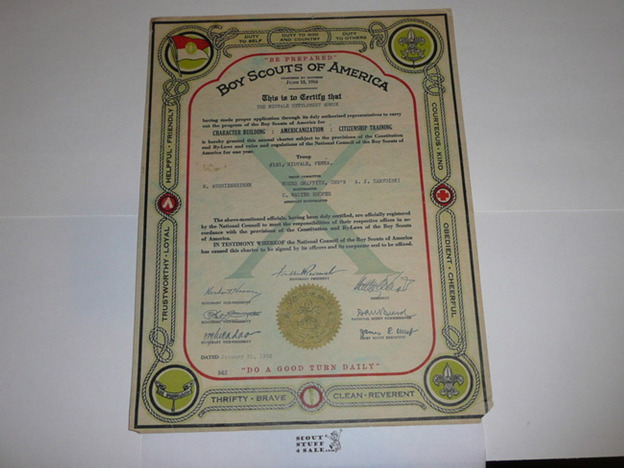 1935 Boy Scout Troop Charter, January, 10 year Veteran Troop